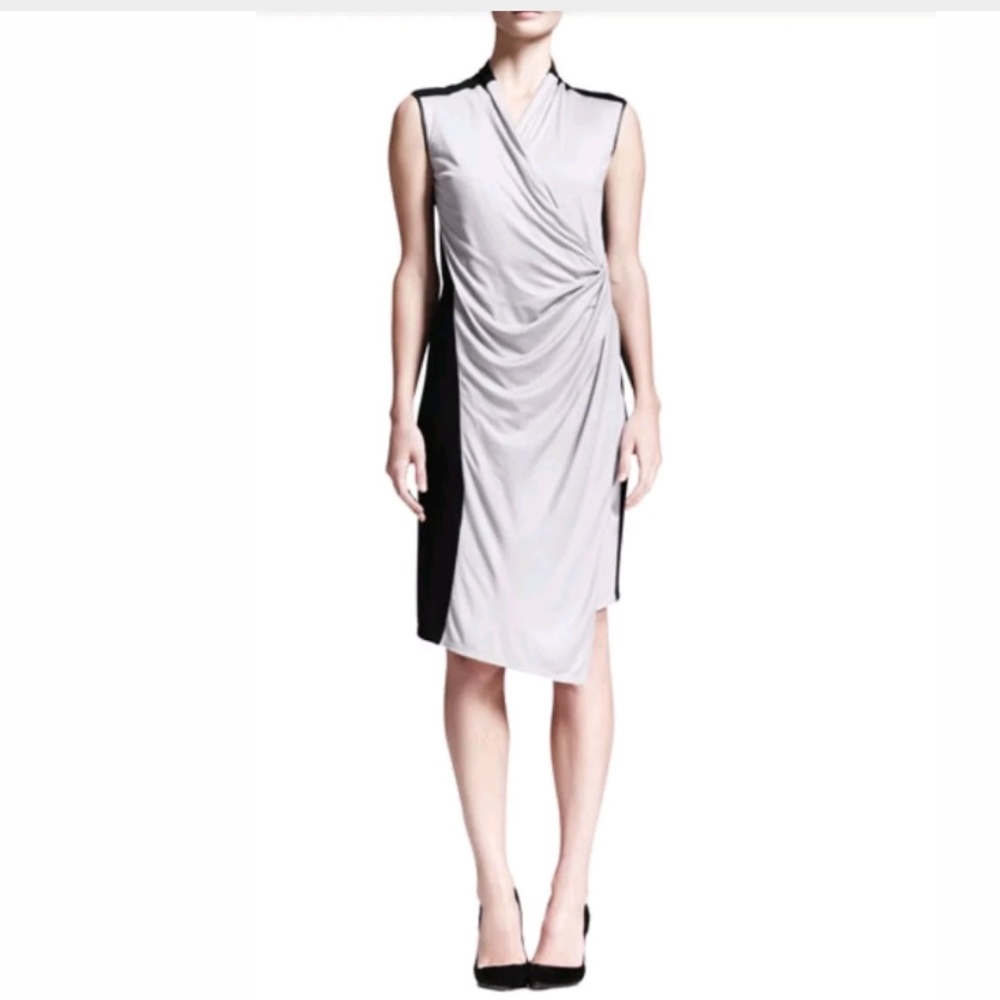 Helmut Lang Dress  Gray Colorblock Faux Wrap Draped Jersey Sleeveless Size Small